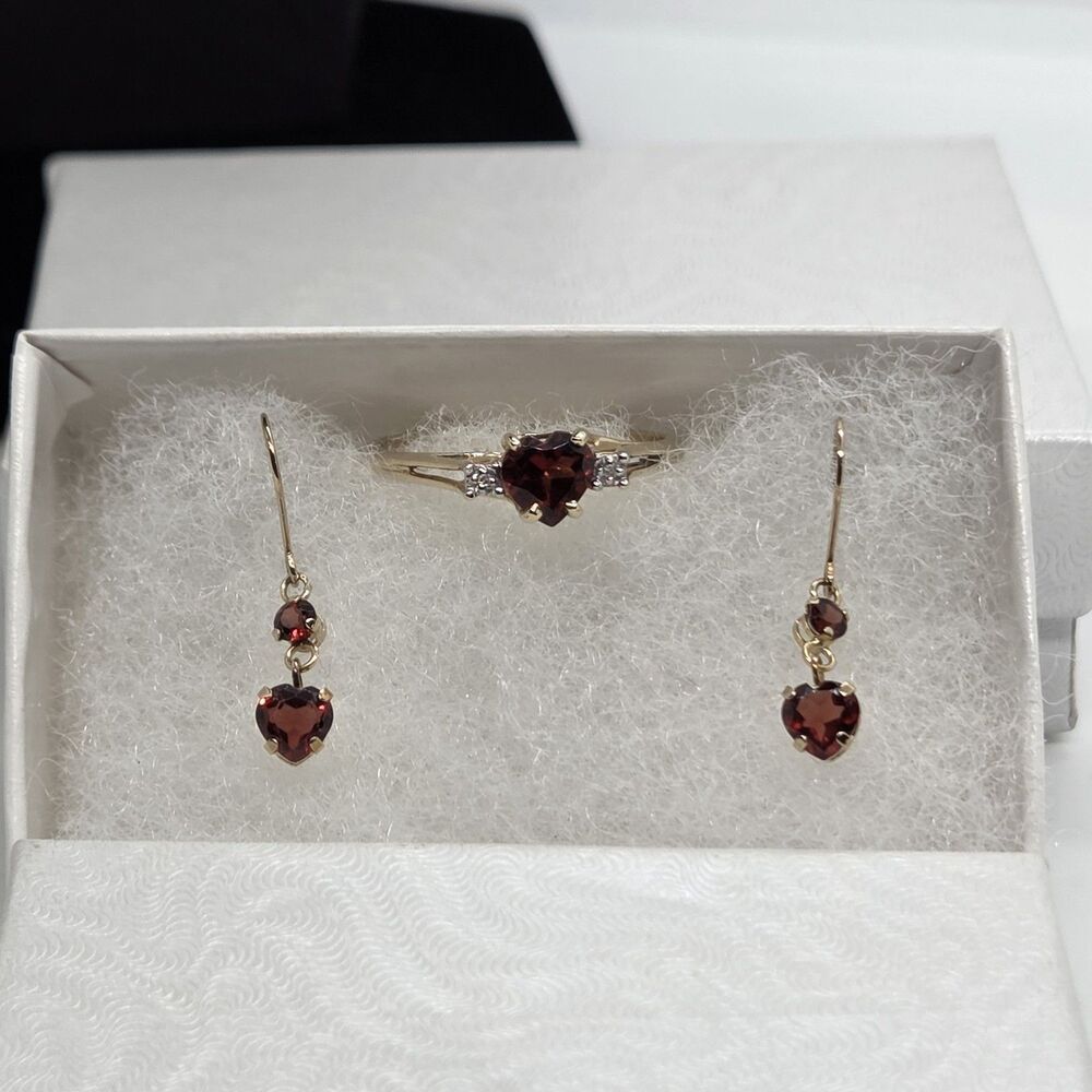 10k Gold Dainty Garnet Heart Dangle Earrings And Matching Ring Set Size 9.5
